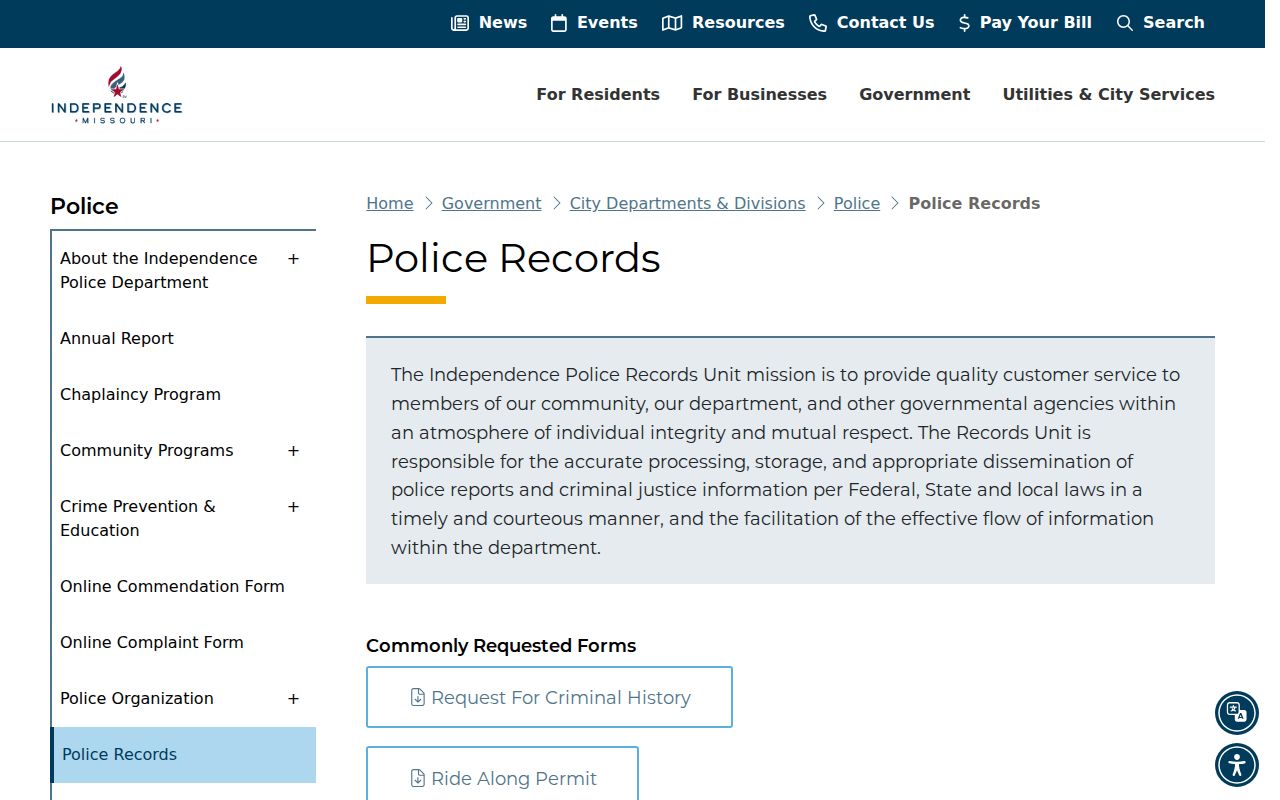 Independence criminal records page for police report requests